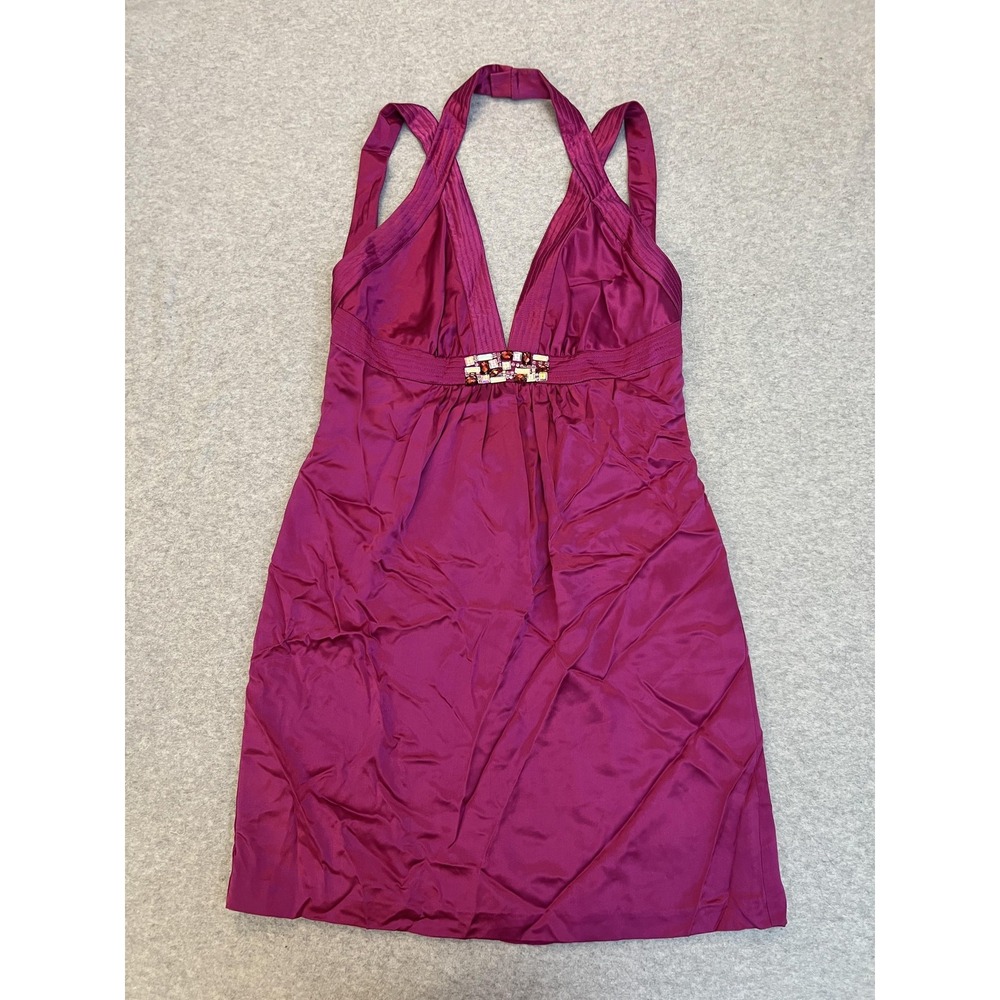 Marc Bouwer Glam It Dress Womens 12 Purple Silk Halter Cocktail Beaded Detail
